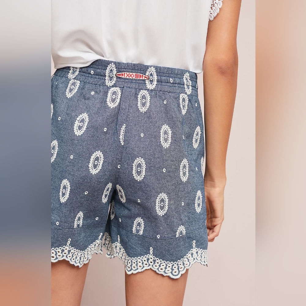 Ettitwa by Anthropologie Paisley Eyelet Chambray Shorts Size Medium/Large - Picture 2 of 6